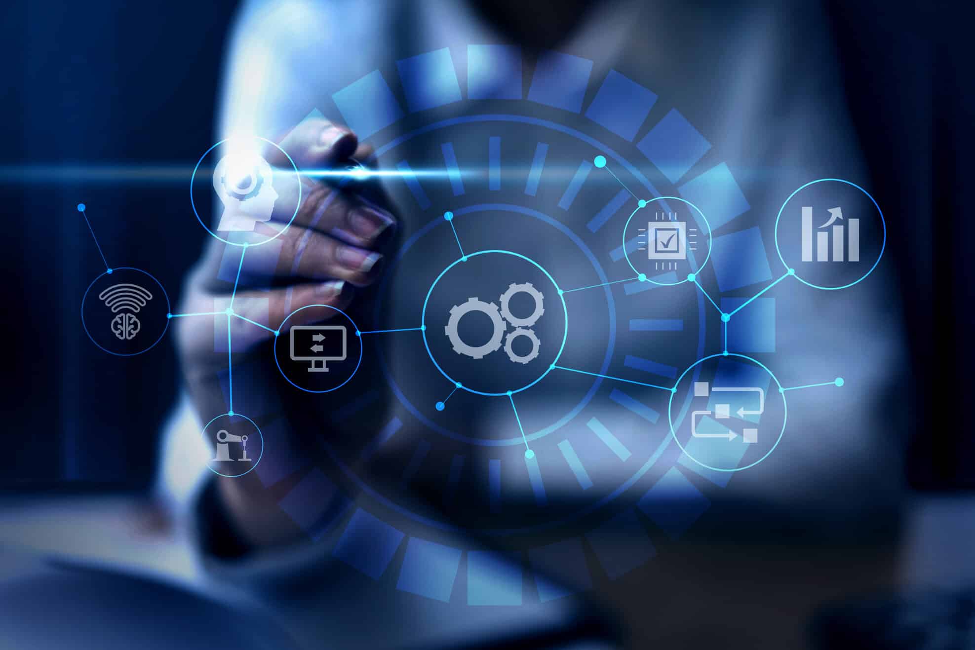 écran virtuel tactile avec différentes icones lié a l'informatique